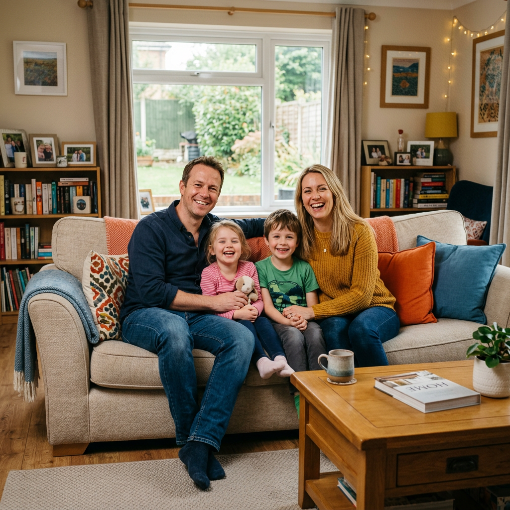 Family of four sitting on a sofa in a living room, smiling and laughing