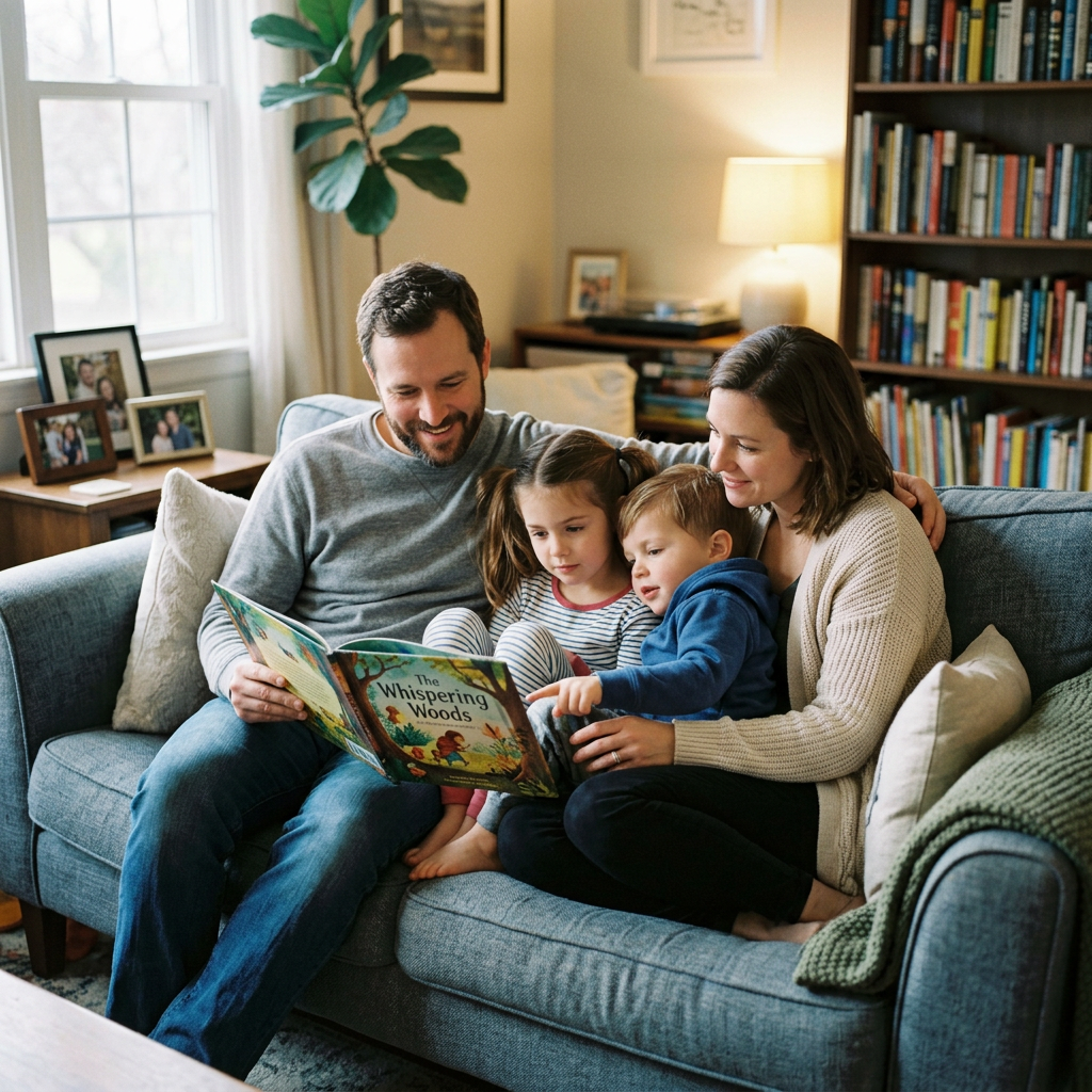 Parents and two children sitting on a couch reading a book titled The Whispering Woods